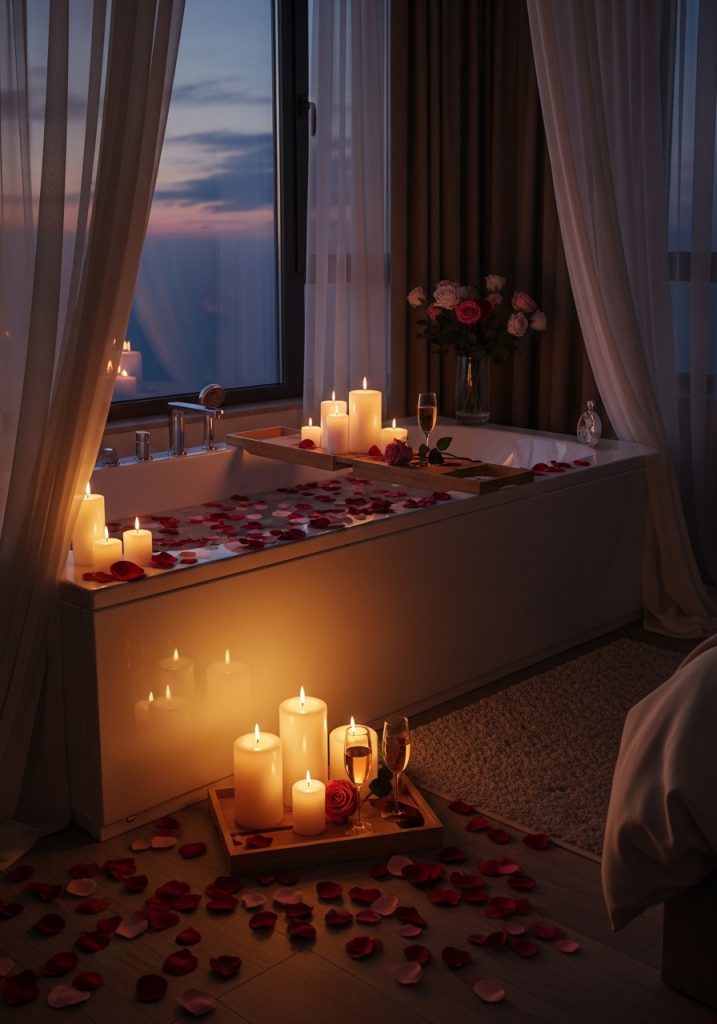 Candlelit bath setup in a couple's bedroom with rose petals