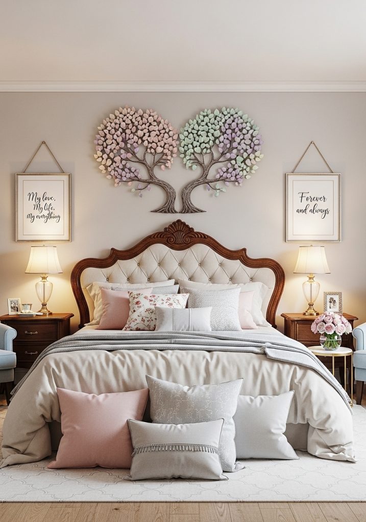 Couple's bedroom wall decorated with romantic artwork and quotes
