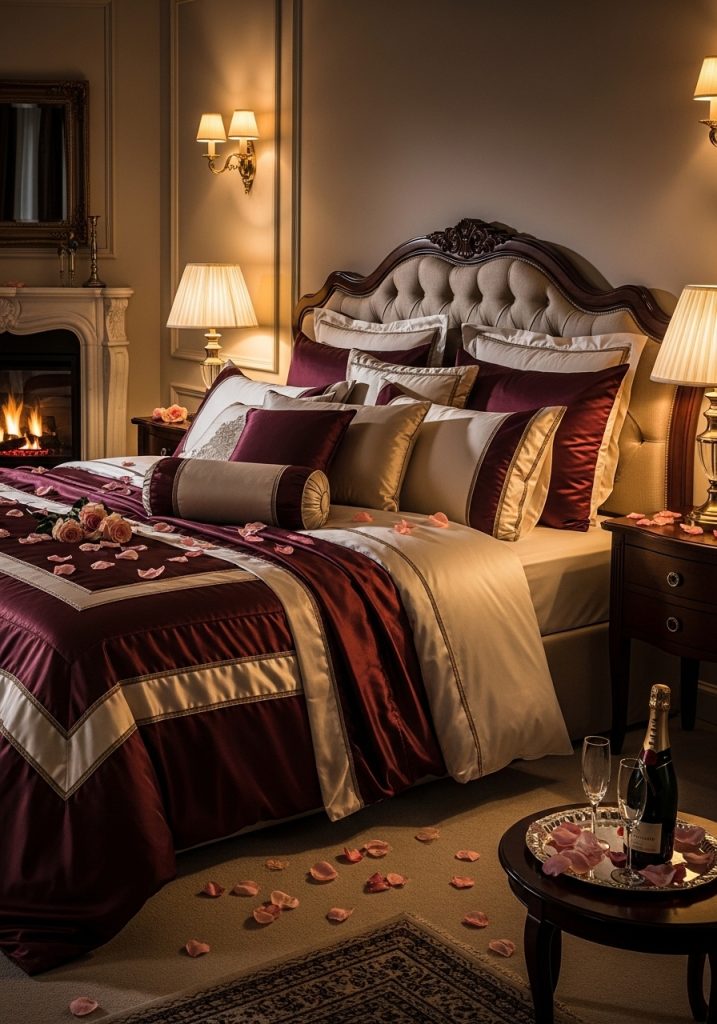 Luxurious bedding setup in a romantic bedroom for couples"