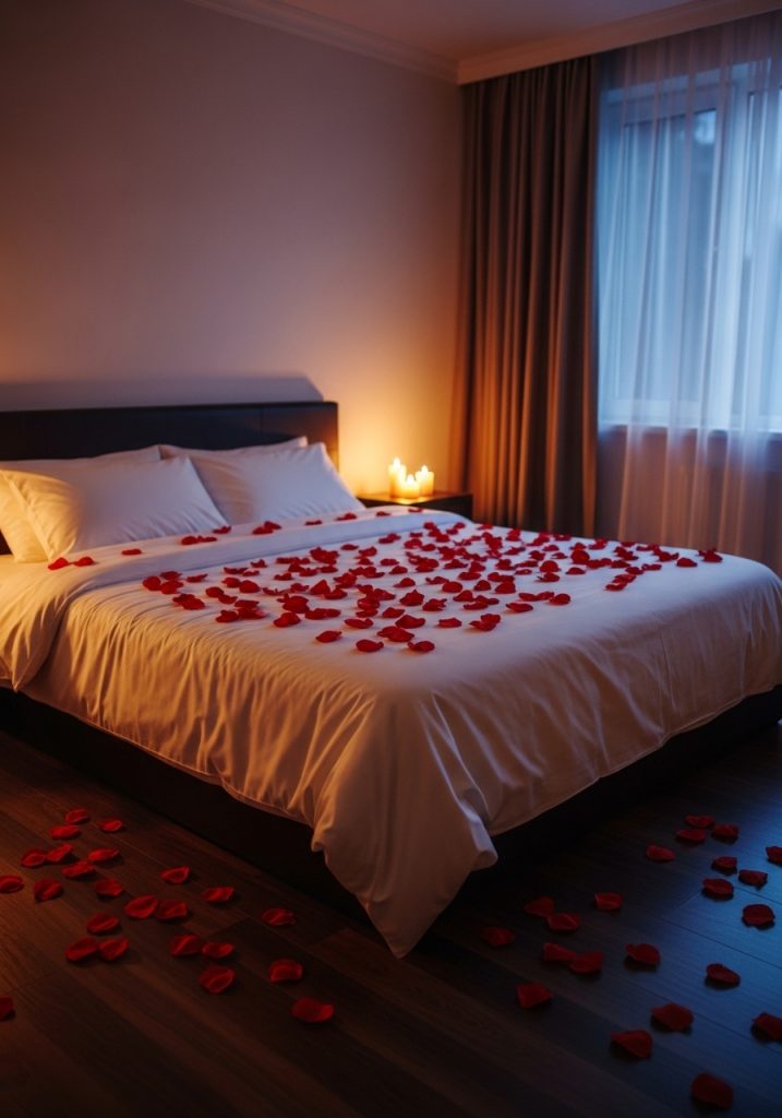 Bed covered with rose petals in a romantic bedroom setup