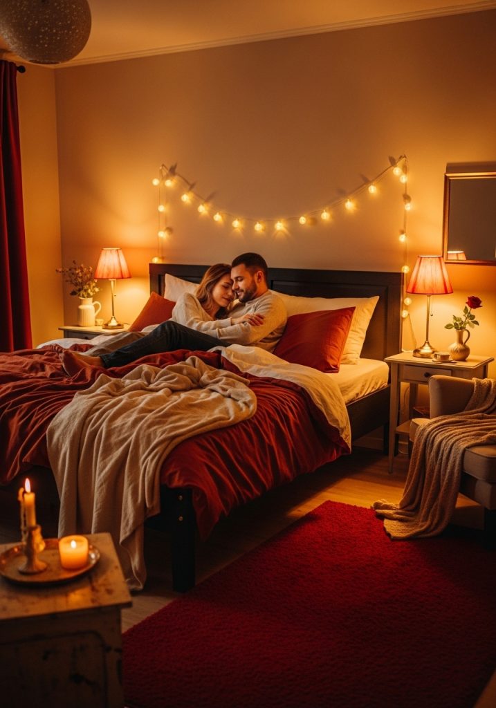 Couple bedroom featuring warm colors and cozy decor for a romantic vibe