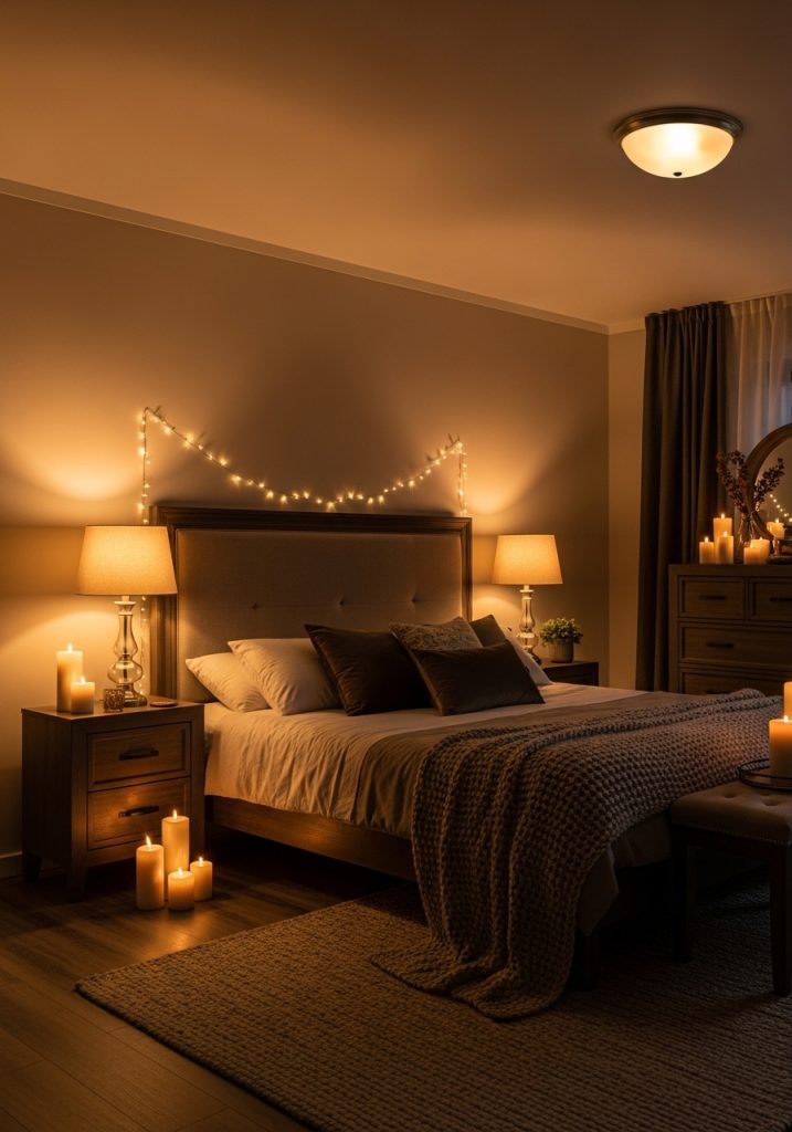Romantic bedroom featuring layered lighting for an intimate atmosphere
