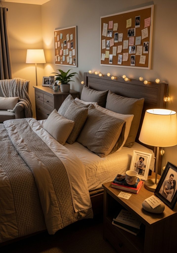 Romantic bedroom decorated with personal accessories and photos for couples