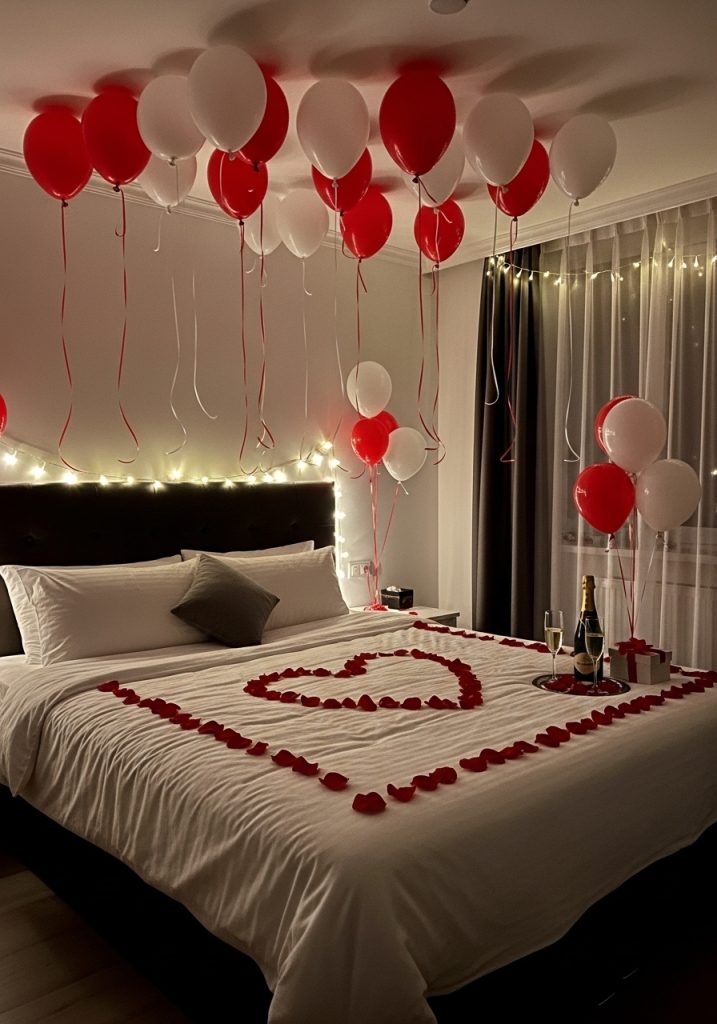 Romantic bedroom surprise setup for anniversary or Valentine’s Day