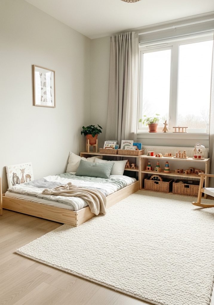 Montessori toddler bedroom setup with low floor bed and open toy shelves.