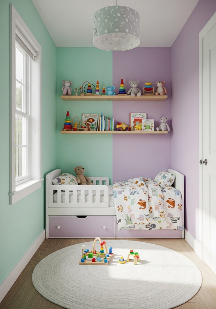 Small toddler bedroom design with smart storage and compact furniture.
