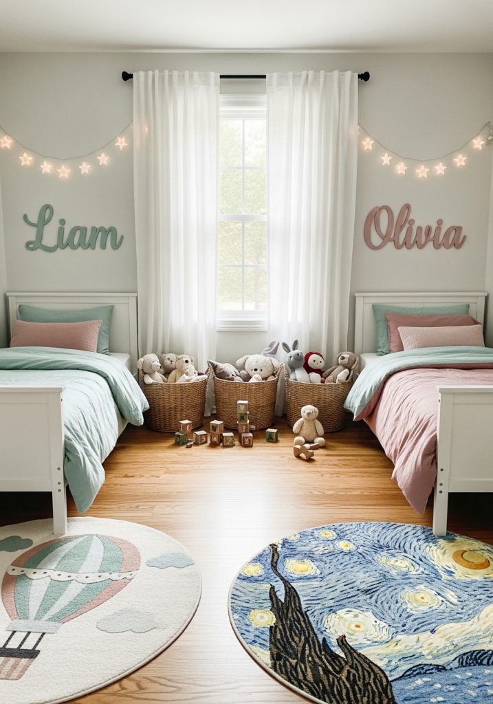 Shared toddler bedroom design with two beds and playful decor.