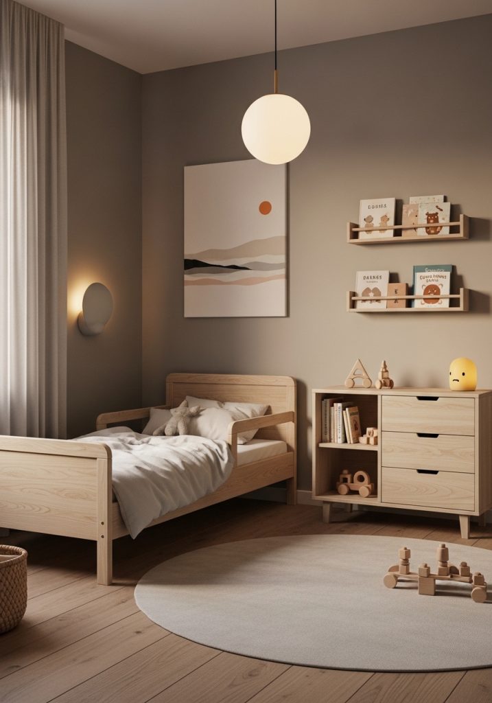 Modern minimalist toddler bedroom with neutral decor.