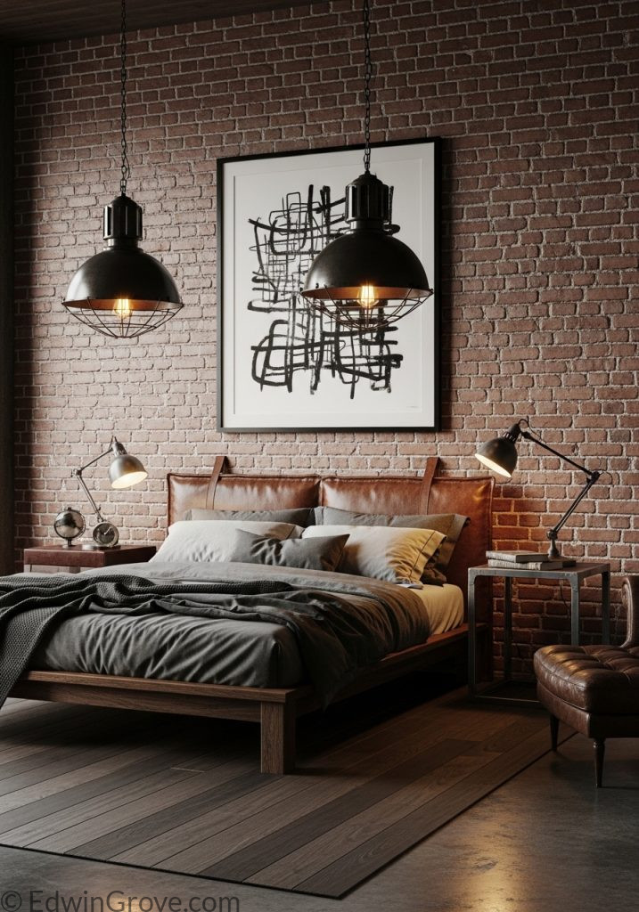 Industrial masculine bedroom with brick wall and metal lighting