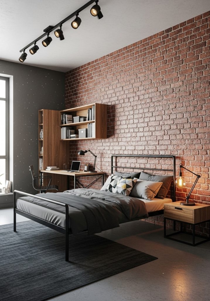 Industrial style teenage boy bedroom with brick wall and metal decor