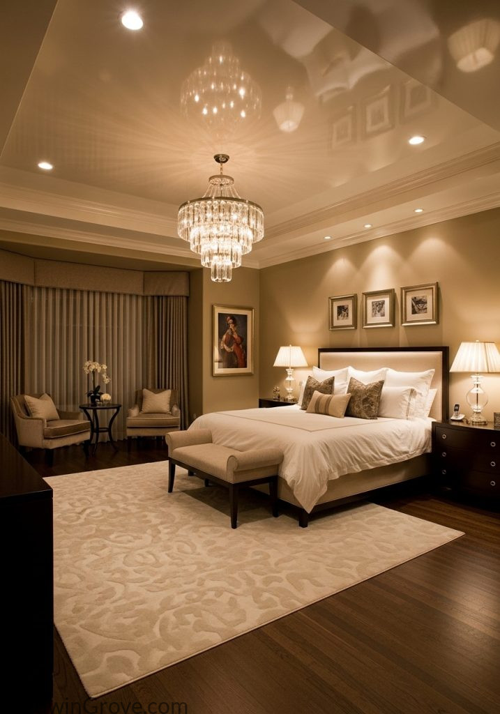 Large bedroom with elegant layered lighting and chandelier