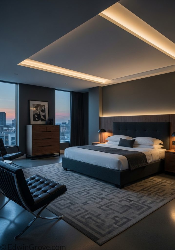 Large luxury masculine bedroom interior