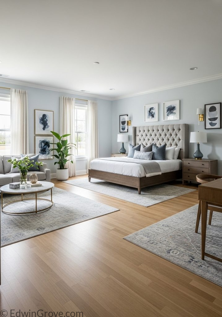 Large master bedroom with functional layout and defined zones