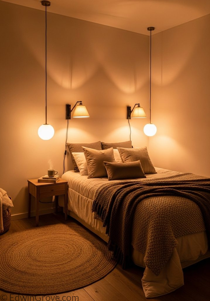 Layered lighting design in a small bedroom