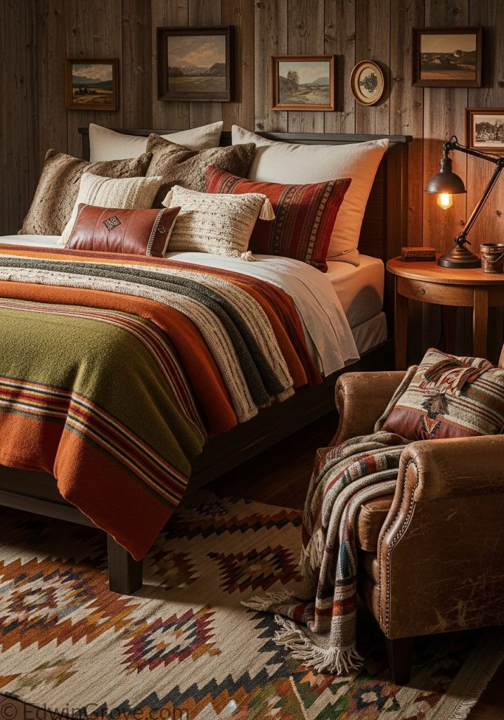Layered textiles in western bedroom decor