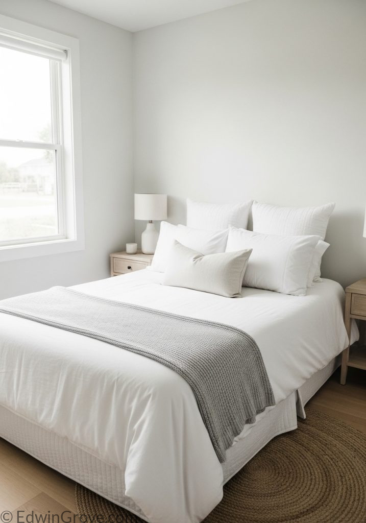 Light color scheme used in a small bedroom