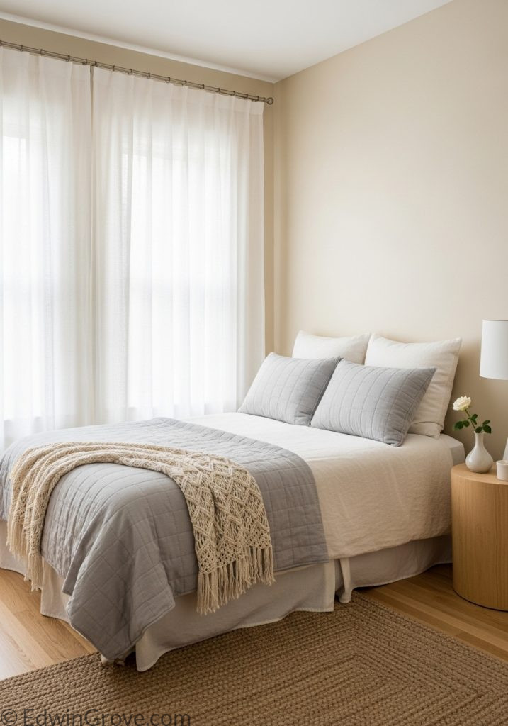 Light-colored small guest bedroom with airy and open design