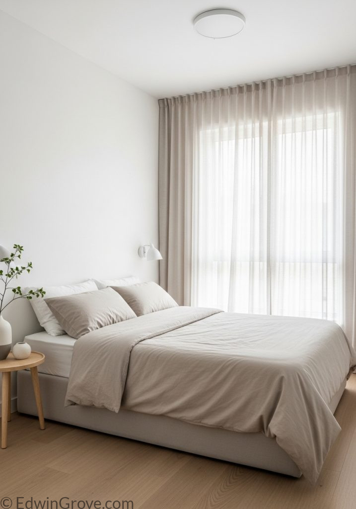 Light colored small master bedroom that appears spacious and bright