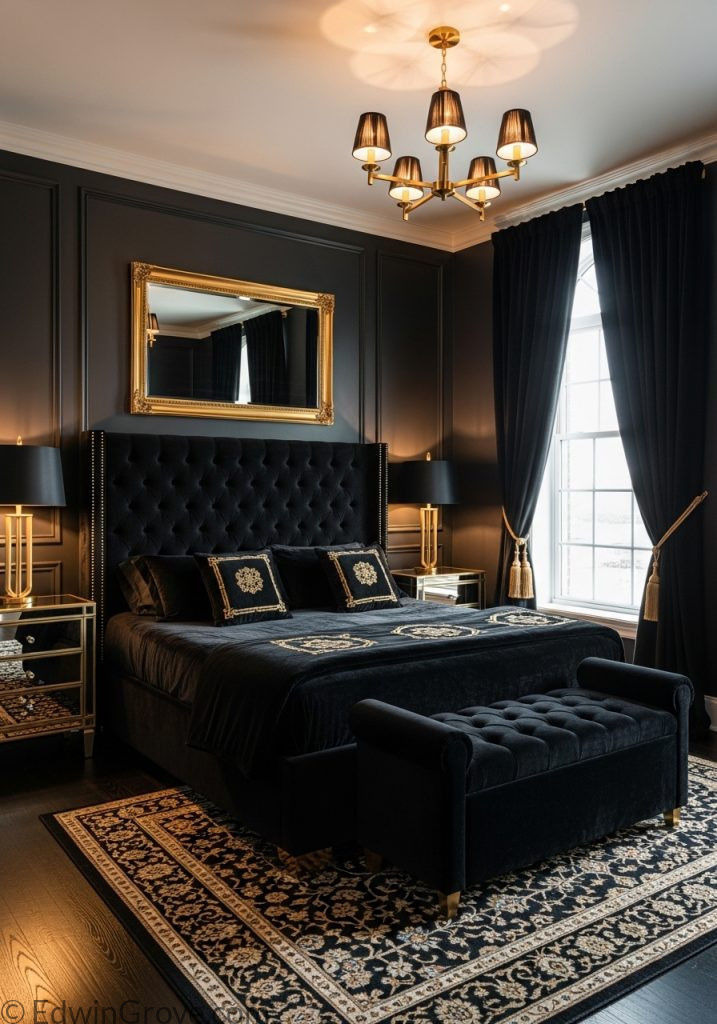 Luxurious black and gold bedroom with elegant decor accents