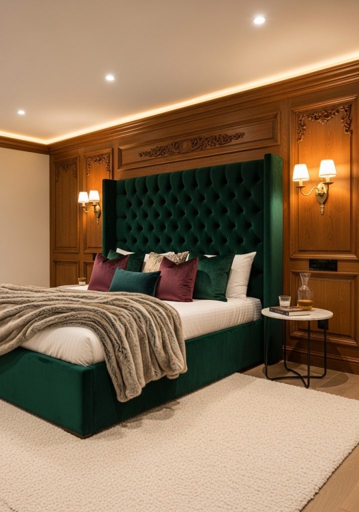 Luxury basement bedroom with elegant decor and plush bedding