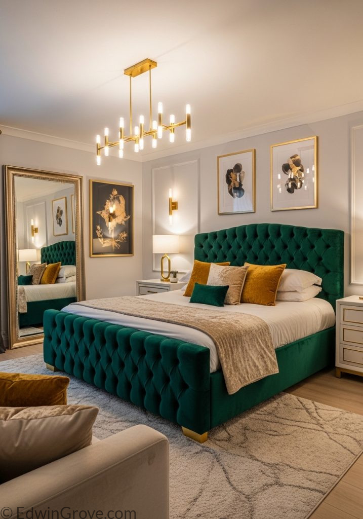 Luxury glam master bedroom with velvet and metallic accents