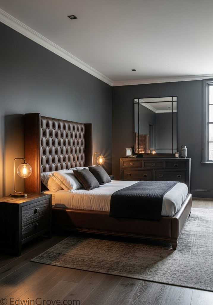 Luxury masculine bedroom with leather bed