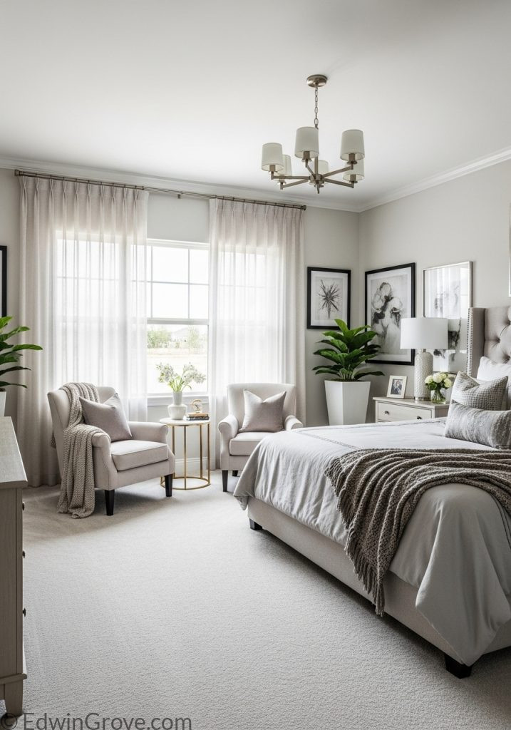 Luxury master bedroom featuring a stylish sitting area