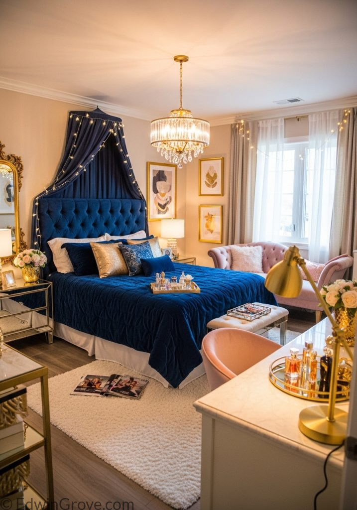 Luxury teen girl bedroom with elegant and glamorous decor
