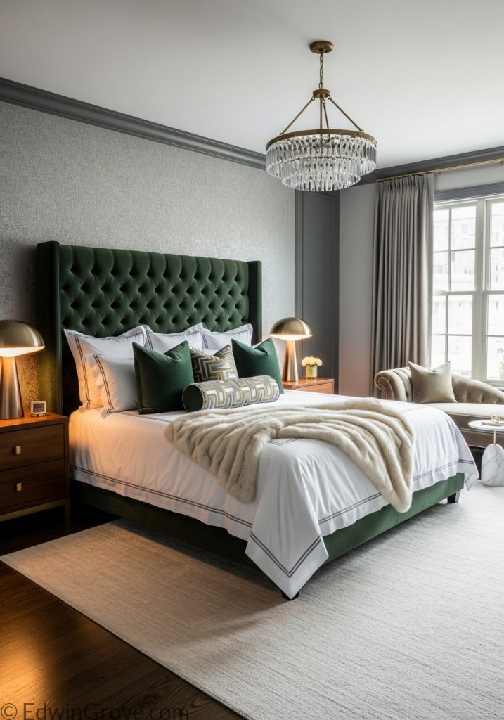 Luxury upholstered bed with elegant bedroom interior