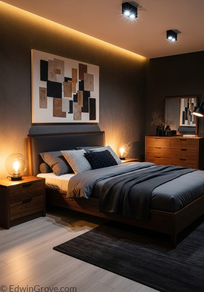 Masculine bedroom with dark wooden furniture
