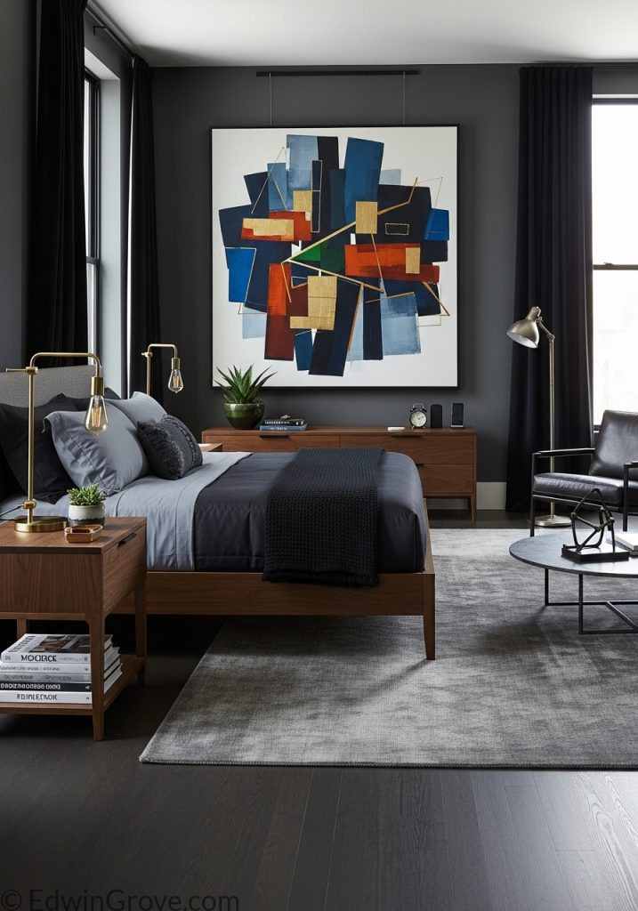 Masculine bedroom with modern artwork wall decor