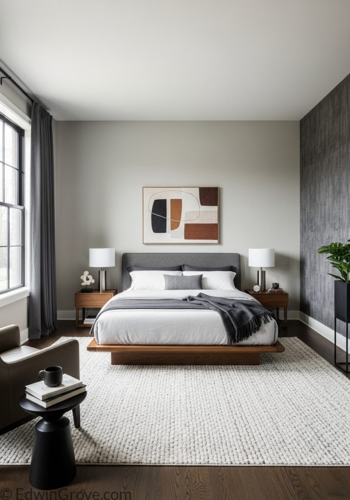 Masculine bedroom with modern rug