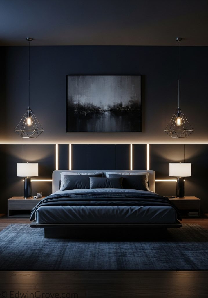 Masculine bedroom with stylish pendant lighting