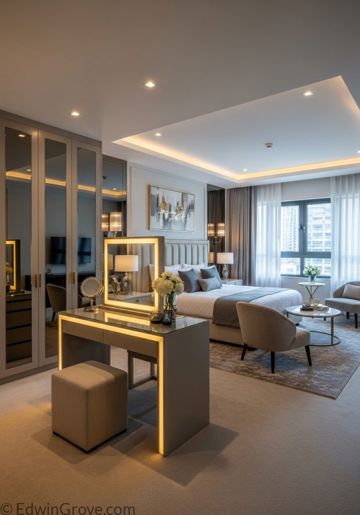 Master bedroom designed as a full suite with multiple zones