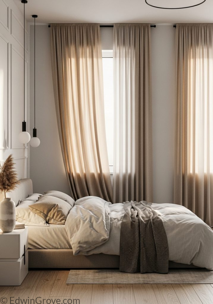 Minimal bedroom with soft beige neutral curtains