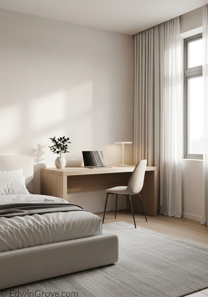 Minimalist bedroom office setup with clean desk and neutral decor