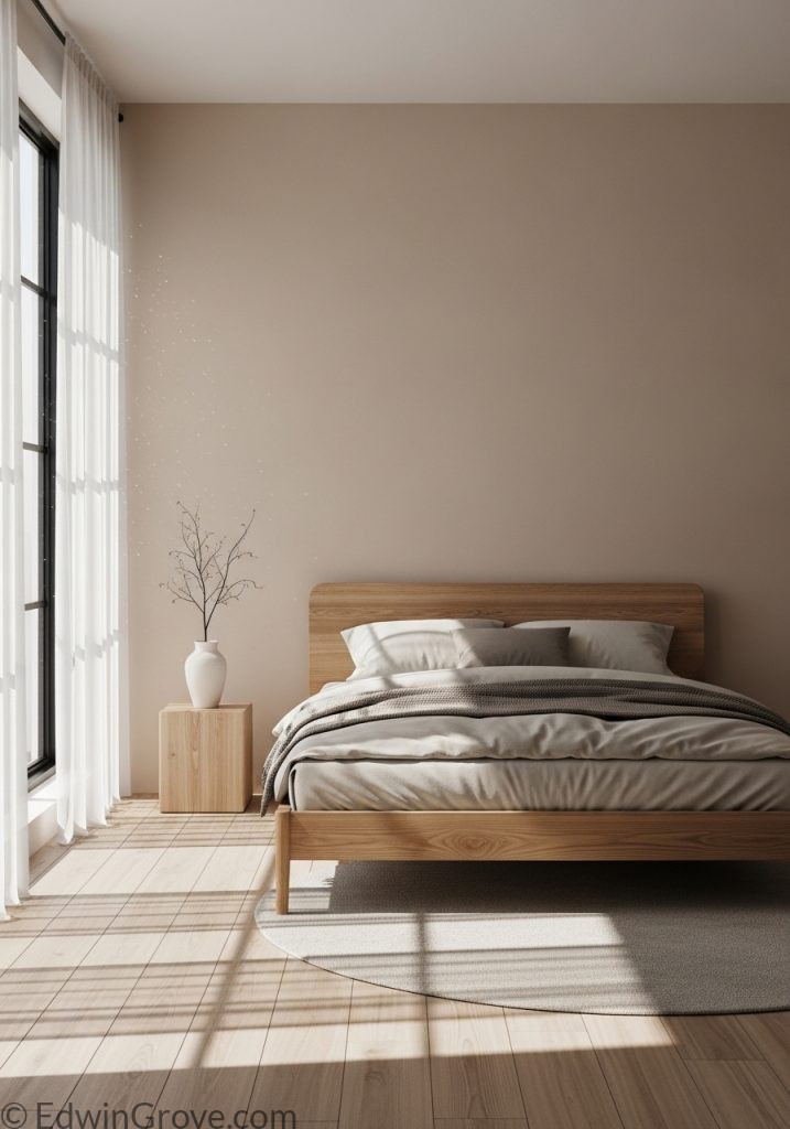 Minimalist bedroom with neutral beige bedroom background wall