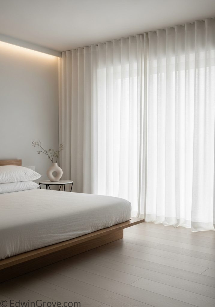 Minimalist bedroom with simple white curtains