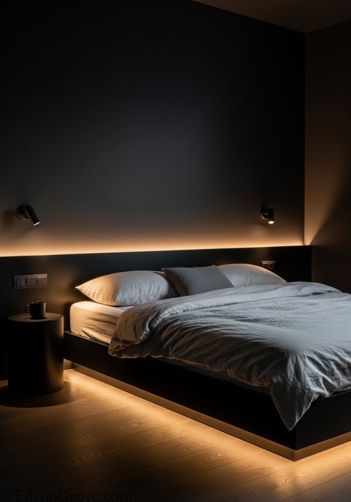 Minimalist matte black bedroom with soft lighting and clean decor