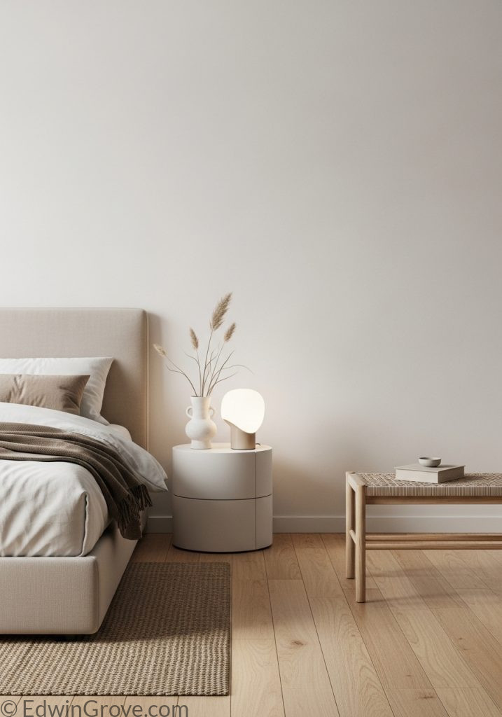 Minimalist modern bedroom with neutral tones and simple furniture