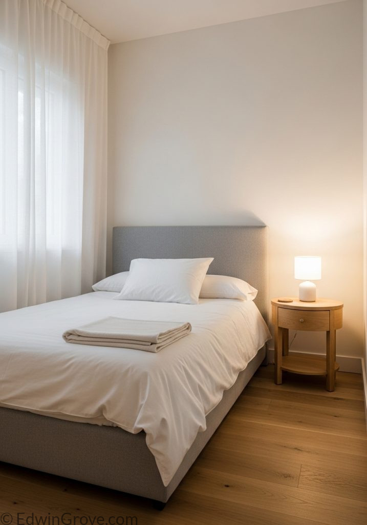 Minimalist small guest bedroom with neutral tones and clean layout