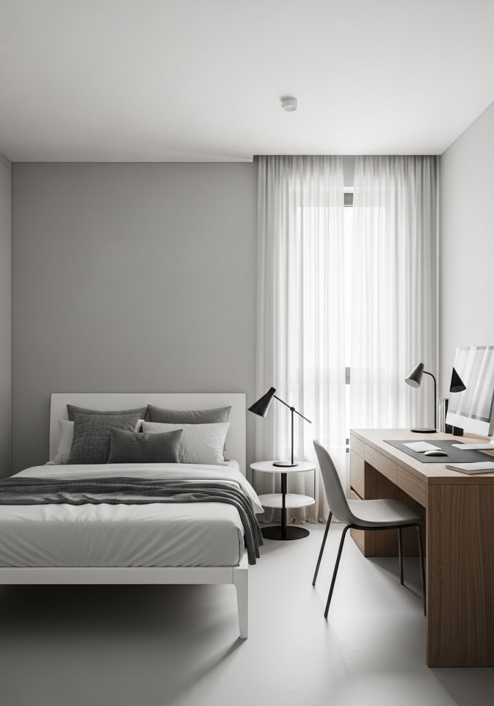 Minimalist teenage boy bedroom with neutral decor and simple furniture