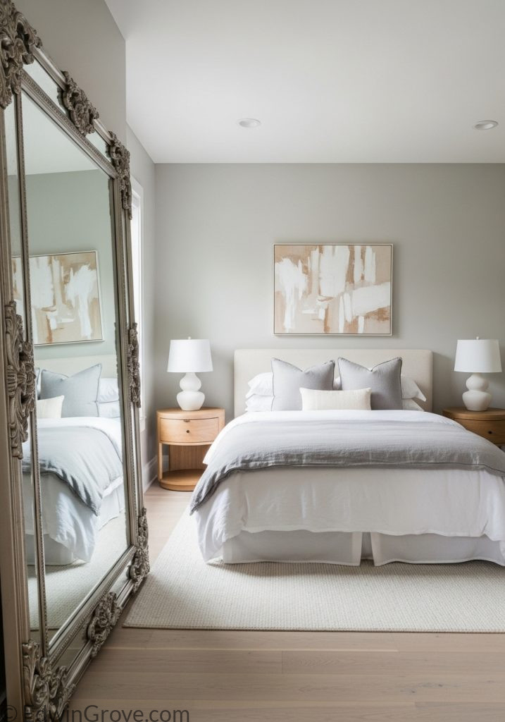 Mirror used to visually enlarge a small master bedroom