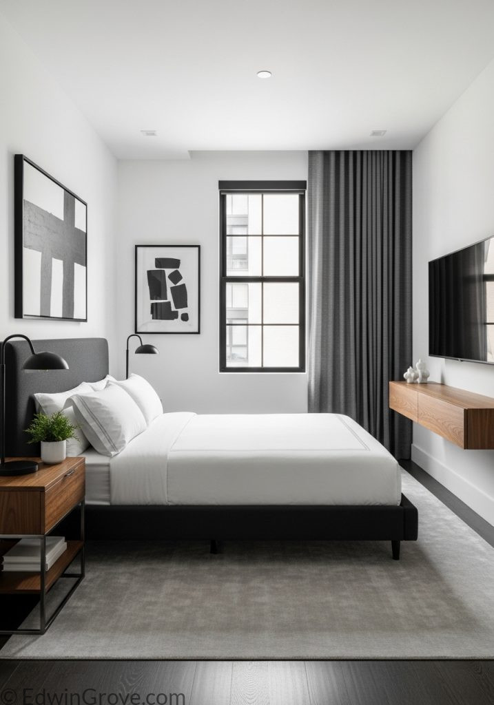 Modern bachelor masculine bedroom interior
