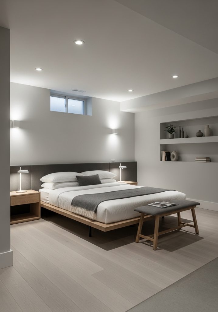 Modern basement bedroom with minimalist furniture and neutral tones