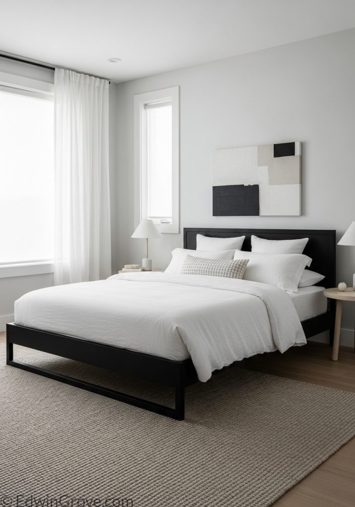 Modern bedroom featuring a sleek black bed frame