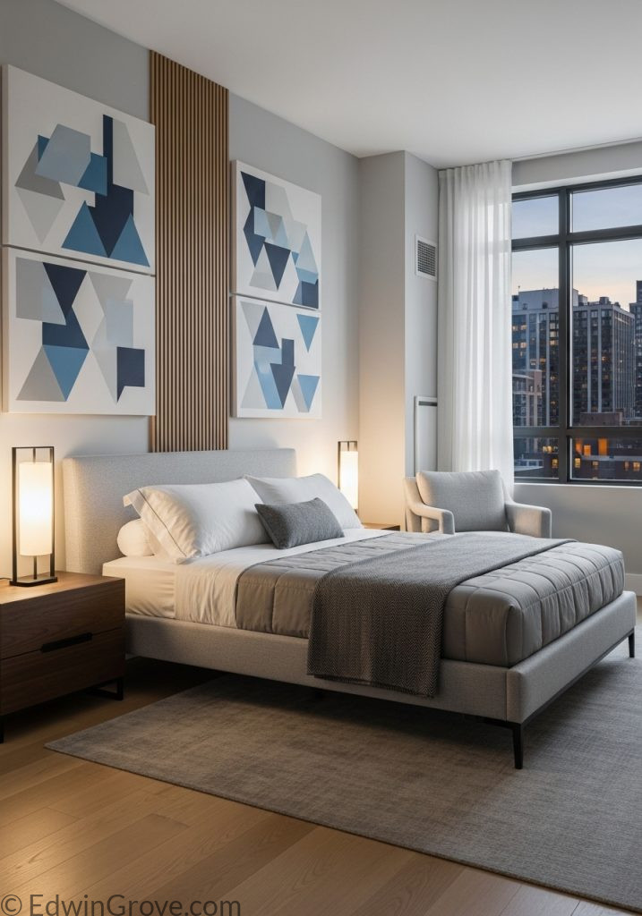 Modern bedroom wall decor with stylish artwork and design