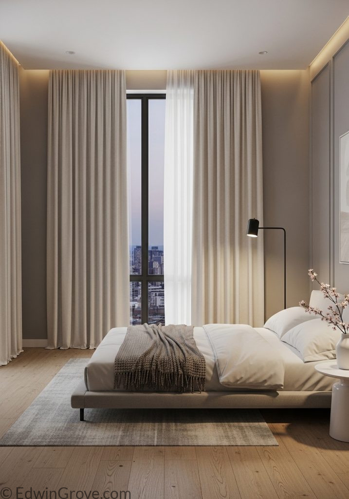 Modern bedroom with floor-to-ceiling neutral curtains