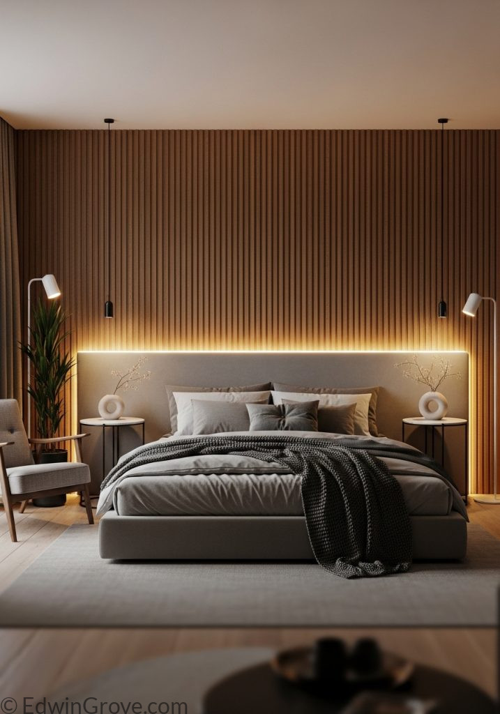Modern bedroom with wooden panel background wall