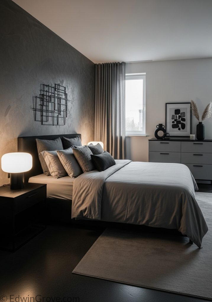 Modern black and grey bedroom with soft contemporary style